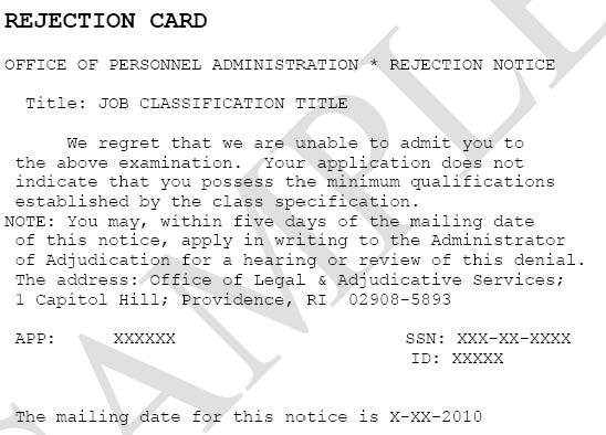 Sample Examination Rejection Card